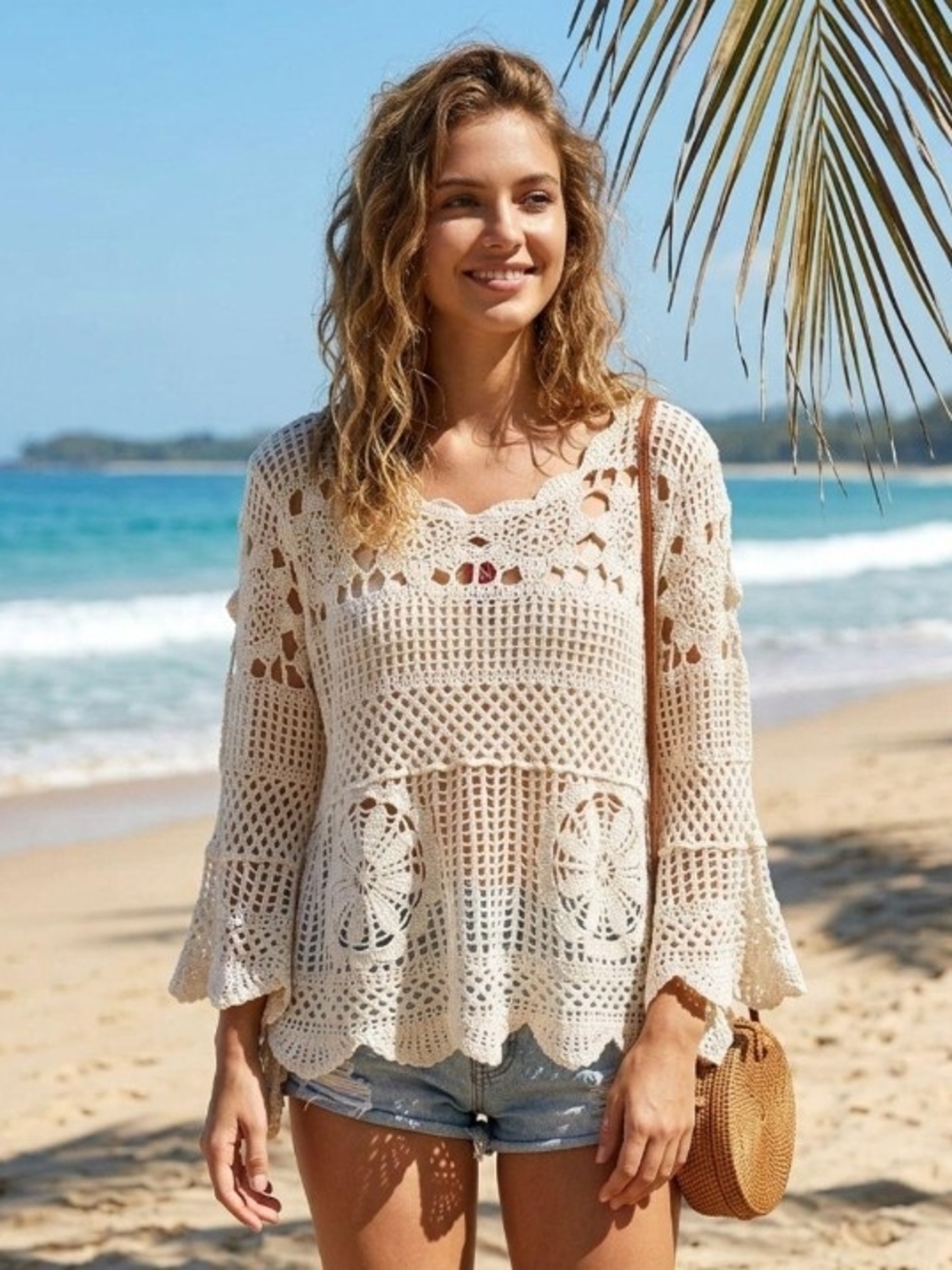 Boho Crochet Swim Coverup Tunic in Cream